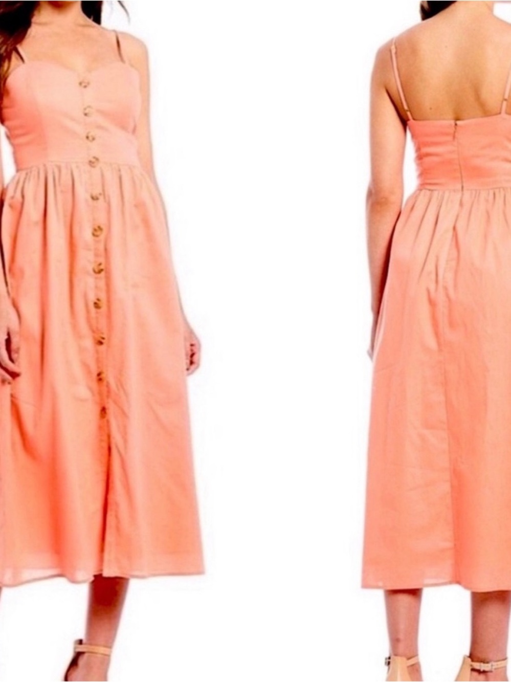 Cremieux Coral Peach Midi Button-Front Sundress